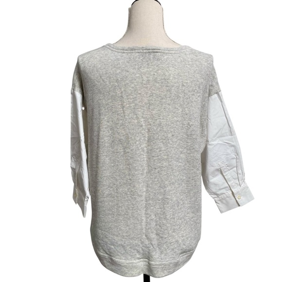LOFT Gray Knit Mixed Media Top Small White Poplin Sleeve Pullover Blouse - Picture 8 of 11